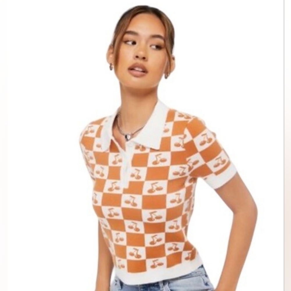 FOREVER 21 Cherry Checkered Knit Cropped Collared Sweater | SZ L